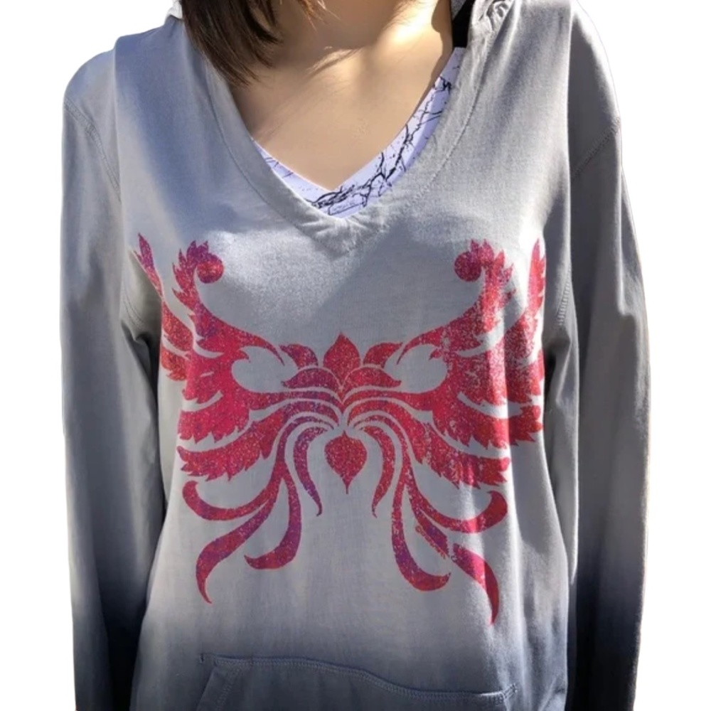 Crazy Shirts Long Sleeve Hoodie Ombré V Neck Lotus Print Tee Size Medium - Picture 3 of 10